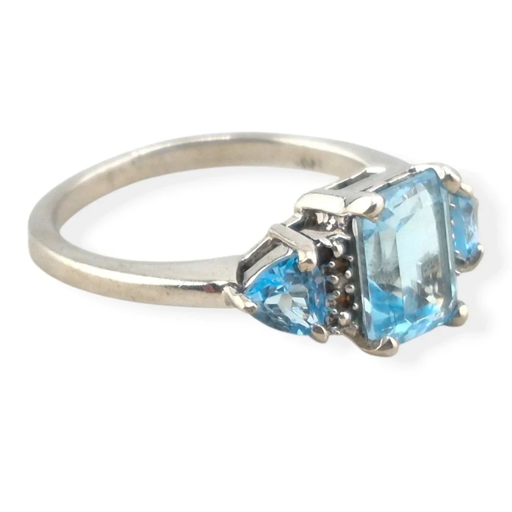 Art Deco Sterling Silver Blue Topaz CZ Three Stone Emerald Cut Ring Size 7.25